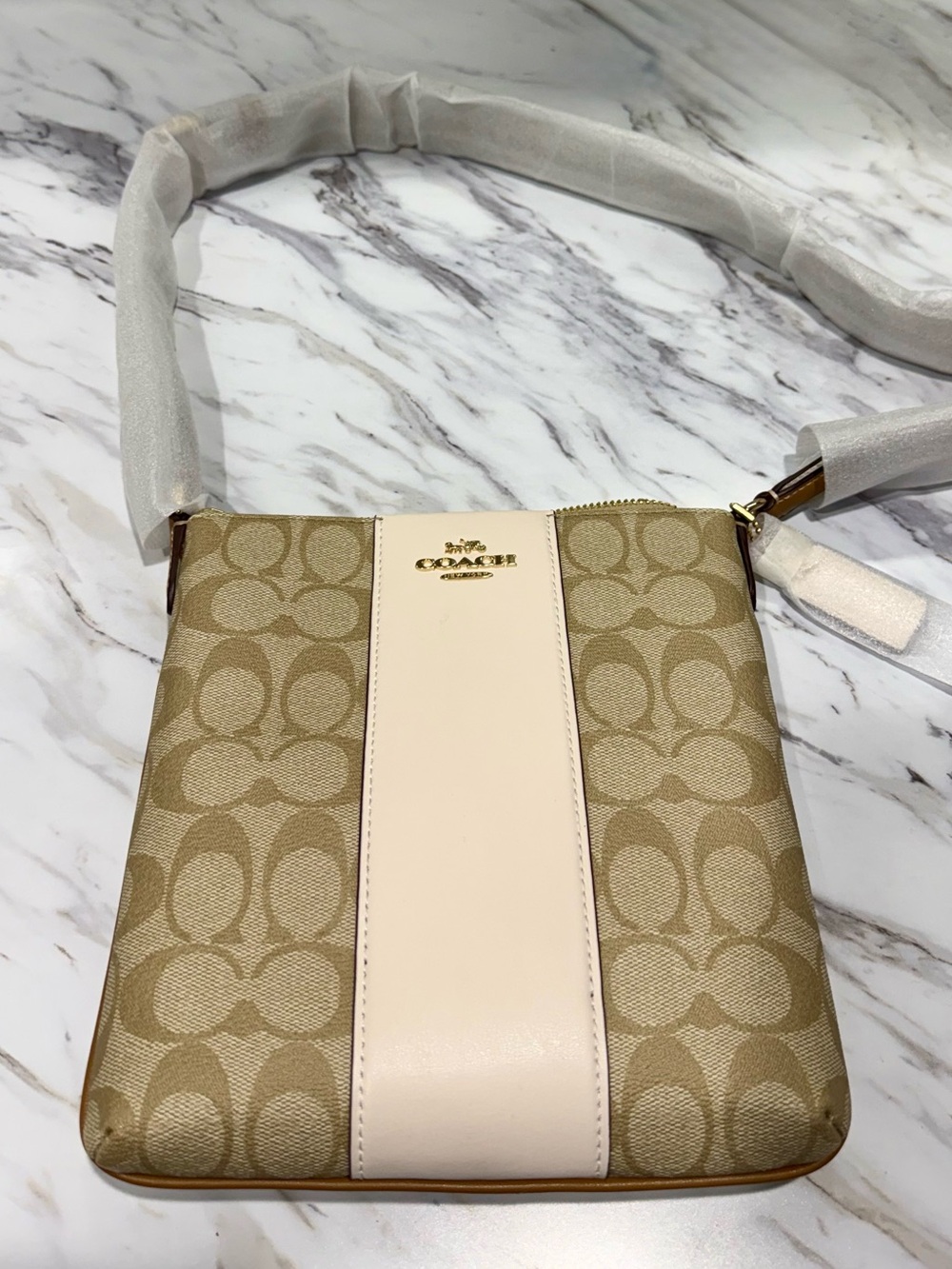 Coach Beige Signature Crossbody with Cream Leather Stripe